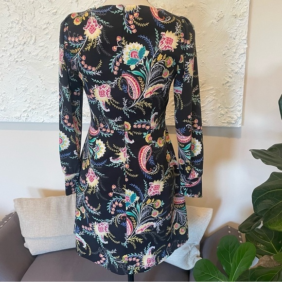 ANN TAYLOR LOFT Multicolor Black Pink Turquoise Long Sleeve Floral Dress Sz 00P - Picture 4 of 10